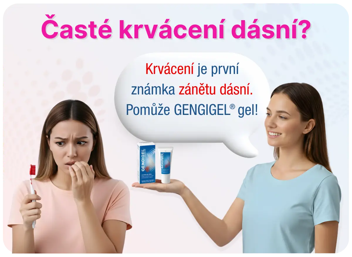 slečna která trpí krvácením dásní a druhá slečna který ji podává gengigel gel na krvácení dásní